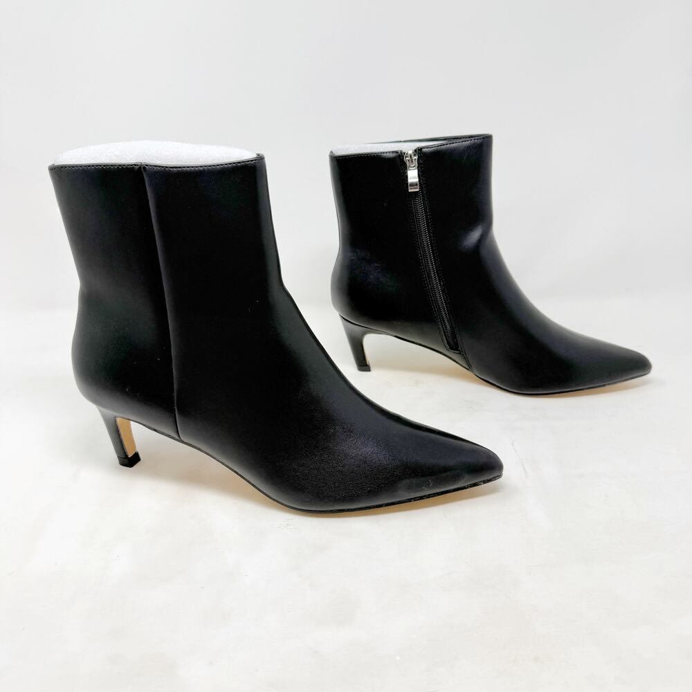 [Genshuo] Black Pointed Toe Ankle Boots Low Kitten Heel Faux Leather NEW Sz 9.5